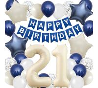 21st Birthday Decorations Blue White,Happy 21st Birthday Decorations with Navy Blue Silver Cream White Balloons Beige 21 Number Balloon Birthday Banner For Men Women Birthday Party Decor