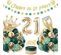 21st Birthday Decorations for Boys Girls, Green Gold 21st Birthday Balloon | Decorations for Him/Her with Champagne & Crown Foil Balloons, Perfect for 21 Years Old Birthday Party, Cheers to 21 Years