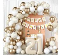 21st Birthday Decorations for Girls Women Sand White Gold Balloons Arch Kit with Cream Number Foil Balloon Happy Birthday Banner Boho Beige White Metallic Champagne Gold Party Decor for 21 Years Old