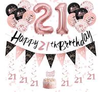 21st Birthday Decorations for Her - Black Rose Gold 21st Birthday Banners, Balloons, Bunting, Hanging Swirls Streamers and Cake Toppers for Girl Her Women Adults Happy Party Decoration