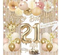 21st Birthday Decorations for her, Champagne Gold 21 Year Old Decor for Girls, Banner, 21 Sash and Crown, Fringe Curtains, Cake Topper, Paper Fans, Paper Pomps, Happy 21st Birthday Party Supplies