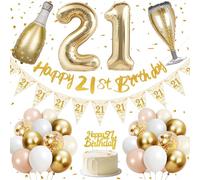 21st Birthday Decorations for Her, Happy 21st Birthday Banner, 40 inches 21 Foil Balloons, Champagne Golden Bottle and Glass, Gold, Pink, White and Confetti Balloons, 21st Party Decorations for Girls