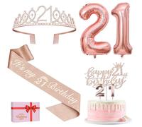 21st Birthday Decorations for her, Including 21st Birthday Sash and Tiara, Cake Topper and Candles, Rose Gold Number Balloons, 21 Year Old Gifts for Her