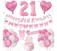 21st Birthday Decorations for Her, Pink Birthday Decoration Set Happy 21st Birthday Banner Bunting, Bow Pink White Balloons, Number 21 Heart Foilballoons, Hair Clips, Sash, Pink Bow Party Deco 21