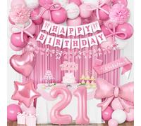 21st Birthday Decorations for Her, Pink Birthday Decoration Set Happy Birthday Banner Bunting, Bow Pink White Balloons, Number 21 Heart Foilballoons, Foil Curtain, Sash, Pink Bow Party Deco 21st
