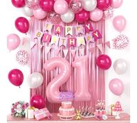 21st Birthday Decorations For Her, Pink Happy Birthday Party Decorations With Pink Confetti Hot Pink Balloons Number 21 Balloons Fringe Curtain Triangle Flag Banner Cake Topper For 21st Party Supplies