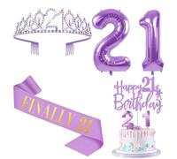 21st Birthday Decorations for Her Purple with 21st Birthday Sash and Cown, Cake Topper and candles, Number Balloons, 21 Year Old Gifts for Her