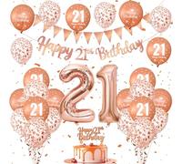 21st Birthday Decorations for Her - Rose Gold 21st Birthday Balloons for Girls Party Including Rose Gold Balloons Confetti Balloon Banner Triangle Flags Cake Topper, Number 21 Helium Balloon for Girls