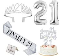 21st Birthday Decorations for Her Silver, Including 21st Birthday Tiara and Sash, Cake Topper and Candles, Number Balloons, 21 Year Old Gifts for Her