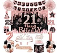 21st Birthday Decorations for Her Women,32PCS 21st Birthday Party Decorations,Including Backdrop, Crown, Sash, banner, Hanging Swirl,balloons,Cake Topper,Paper Fans and Anniversary Card