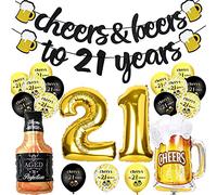 21st Birthday Decorations for Him, 21st Birthday Decorations with Cheer Banner, 40Inch Number 21 Foil Balloons, 21st Sign Black Gold Balloons Champagne Cups Foil Balloons, Party Decorations for Her