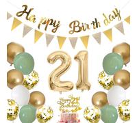 21st Birthday Decorations for Him and Her, Sage Green Gold White Balloons Decoration, Number 21 Foil Balloon, Happy Birthday Banner, Cake Topper for 21 Party Decor