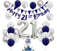 21st Birthday Decorations for Him, Blue 21st Banner Navy Blue Silver 21st Balloons Cake Topper Number 21 Balloon for Her Men Women 21 Year Old Party Decoration