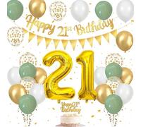 21st Birthday Decorations for Him Her, 21Birthday Balloons Set with Sage Green White Gold Balloons, Happy 21st Birthday Banner and Cake Topper, Number 21 Foil Balloon, for 21 Year Old Party Decoration