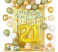 21st Birthday Decorations for Him Her, Sage Green Happy Birthday Party Decorations With Number 21 Balloons Gold Confetti Balloons Banner Fringe Curtain Cake Topper For 21st Party Supplies