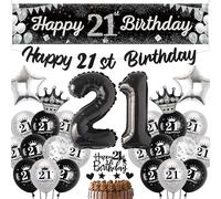 21st Birthday Decorations for Him Men - Black Silver Happy 21st Birthday Yard Banner, Star Heart Crown Number Foil Balloons Confetti Balloon Cake Topper for Her 21 Years Old Party Supplies