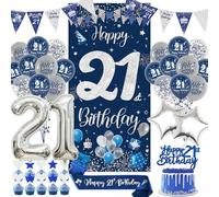 21st Birthday Decorations for Him - Navy Blue Silver Happy Birthday Banner Door Set with Cake Topper, Sash Confetti Latex Balloons for Men Women 21 Years Old Party Supplies