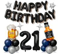 21st Birthday Decorations for Men 41pcs with Number 21 Foil Balloon Black and Blue Balloons Whiskey Beer Kit for Party Supplies