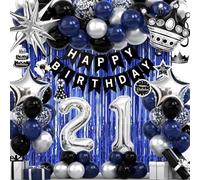 21st Birthday Decorations for Men and Women, Black Blue Silver Happy Birthday Number 21 Balloons, Banner, Fringe Curtains Garland Kit - 21 Year Old Party Supplies
