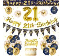 21st Birthday Decorations for Men, Blue Gold 21 Birthday Decorations,Happy 21st Birthday Banner,21st Balloons,270 * 15cm Cuttable Banner,Foil Balloons,Cake Topper 21 Birthday Party Supplies for Men