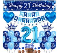 21st Birthday Decorations for Men Him - Navy Blue Party Decoration Supplies Star Garland, Happy 21st Birthday Yard Banners and Heart Crown Number 21 Foil Balloons Cake Toppers