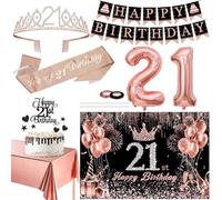 21st Birthday Decorations for Women - Black Rose Gold Happy 21st Birthday Banner, Cake Topper, Tablecloth, Backdrops, Glitter Crown Sash with Pearl Pin, 21 Number Balloons