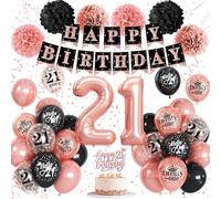 21st Birthday Decorations for Women, Rose Gold Black Confetti Latex Balloons Number 21 Foil Balloon Happy 21st Birthday Banner Cake Topper Paper Pom Poms for Her 21 Year Old Bday Party Decoration