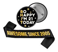 21st Birthday Decorations Men Women - 2 Pcs Black Gold Sash and Badge | Awesome Since 2005 Satin Sash so Happy I'm 21 Today Badge Party Accessories for Cheers 21 Years Old Celebration Decor
