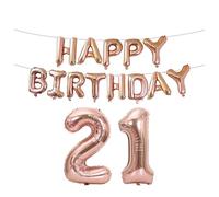21st Birthday Decorations Rose Gold - 15pc Balloon Set with Large 21 Number & Happy Birthday Letters - Elegant Adult Party Decorations