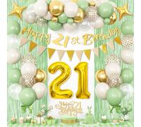 21st Birthday Decorations Sage Green, 21st Birthday Balloons Green Gold Clear, Glitter 21st Birthday Banner with Fringe Curtain Cake Toppers Number 21 Balloons for Girls Boys Boys 21 Year Old Bday