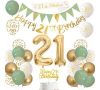 21st Birthday Decorations,Sage Green Gold White 21st Birthday Banners Balloons Cake Topper Sash Bunting Flags Number Helium Balloons for Boys Girls 21st Party Deco