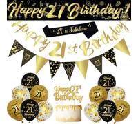 21st Birthday Decorations Set, 18Pcs Black Gold Balloons kit with Banners, Cake Topper, Triangle Flags, Black Gold and Sequin Balloons, Sash for Men Women Birthday Party Decoration Supplies