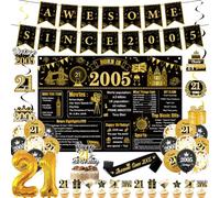 21st Birthday Decorations Set Boy - 43 Pcs Vintage Black and Gold Awesome Since 2005 Banners Backdrop Number Foil Balloons Hanging Swirls Shoulder Strap Cake Toppers for 21 Birthday Party Supplies