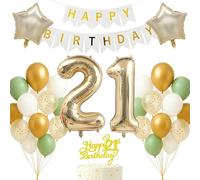 21st Birthday Decorations Set Light Gold White Sage Green Theme Happy Birthday Banner Balloon Decor Photo Backdrop for Women Men Adults Turning 21 Age 21 Party Supplies Celebration Decor Event Bundle