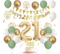 21st Birthday Decorations Set with Gold Number 21 Balloons, Foil Banner, Sage Green White Balloons, Tassel Garland, Confetti and Cake Topper for Adult Celebration