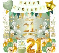 21st Birthday Decorations Women Men - 32 Pcs Sage Green Gold Banner Pennant Backdrop Hanging Swirls Number Balloons Cake Topper Table Decor For Her Him 21 Year Old Party Supplies