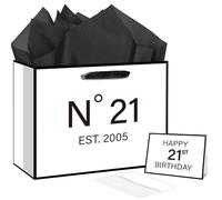 21st Birthday Gift Bag with Tissue Paper and Greeting Card N°21 EST.2005 21st Birthday Gifts Wrapping Paper Bag for Him Her Men Women, 21 Year-Old Present Wrap Bday Decorations Supplies