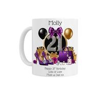 21st Birthday Gift for Her - Personalised 21st Birthday Ceramic Coffee Mug with Age 21 Purple and Gold Theme, Custom Name Gift