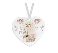 21st Birthday Gift For Her - Personalised 21st Birthday Ceramic Heart Keepsake with Champagne & Flowers Design, 7.5cm x 7cm with ribbon