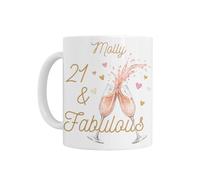 21st Birthday Gift for Her - Personalised 21st Birthday Mug, 21 & Fabulous Design with Champagne Glasses and Hearts, White Ceramic