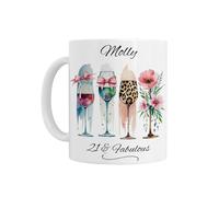 21st Birthday Gift for Her - Personalised 21st Birthday Mug, White Ceramic, 21 & Fabulous Wine Glass Floral Design