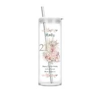 21st Birthday Gift for Her - Personalised 21st Birthday Tall Highball Glass Tumbler with Lid & Straw, Age 21 Pink Floral Crown Design, Dishwasher Safe