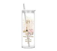 21st Birthday Gift for Her - Personalised 21st Birthday Tall Highball Glass Tumbler with Lid & Straw, Age 21 Champagne and Flowers Design, Dishwasher Safe