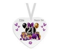 21st Birthday Gift For Her - Personalised Ceramic Heart Keepsake, 21st Birthday Purple Design, Heart-Shaped Ornament, 7.5x7cm, with Ribbon