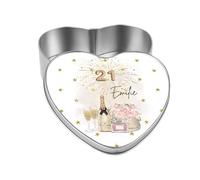 21st Birthday Gift - Personalised 21st Birthday Champagne & Flowers Design Heart-Shaped Tin Trinket Sweet Box, Stainless Steel, Gloss White Lid, 15x14.5x4.5cm