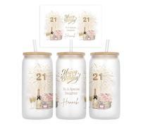 21st Birthday Gift - Personalised 21st Birthday Daughter, Granddaughter, Niece Champagne & Flowers Design Frosted Glass Tumbler with Lid & Straw