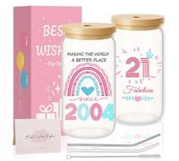 21st Birthday Gifts for Her, 21st Birthday Present Creative Glass Cups with Lids and Straws, Personalized Iced Coffee Glass Mug, Gifts for Women Friend, Sister, Daughter, Granddaughter Cool Present