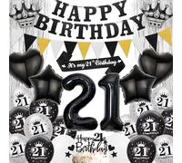 21st Birthday Party Decorations for Boys - Black Silver Happy Birthday Banner Pennant Flags Garlandand Sash, Star Heart Crown Number Foil Balloons Cake Toppers for 21 Years Old Teens
