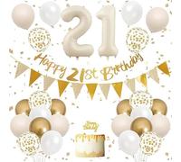 21st Birthday Party Decorations for Her or Him - Deluxe Gold and White Balloon Set with Number 21 Foil Balloons, Happy 21st Birthday Banner, Confetti and Cake Topper - Elegant Milestone Decor Kit