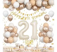 21st Birthday Party Decorations for Him Her, Sand White Gold 21 Year Old Balloon Set, Beige Gold Number 21 Party Decorations, Happy Birthday Banner with Cake Topper for Men Women Boho Party Supplies